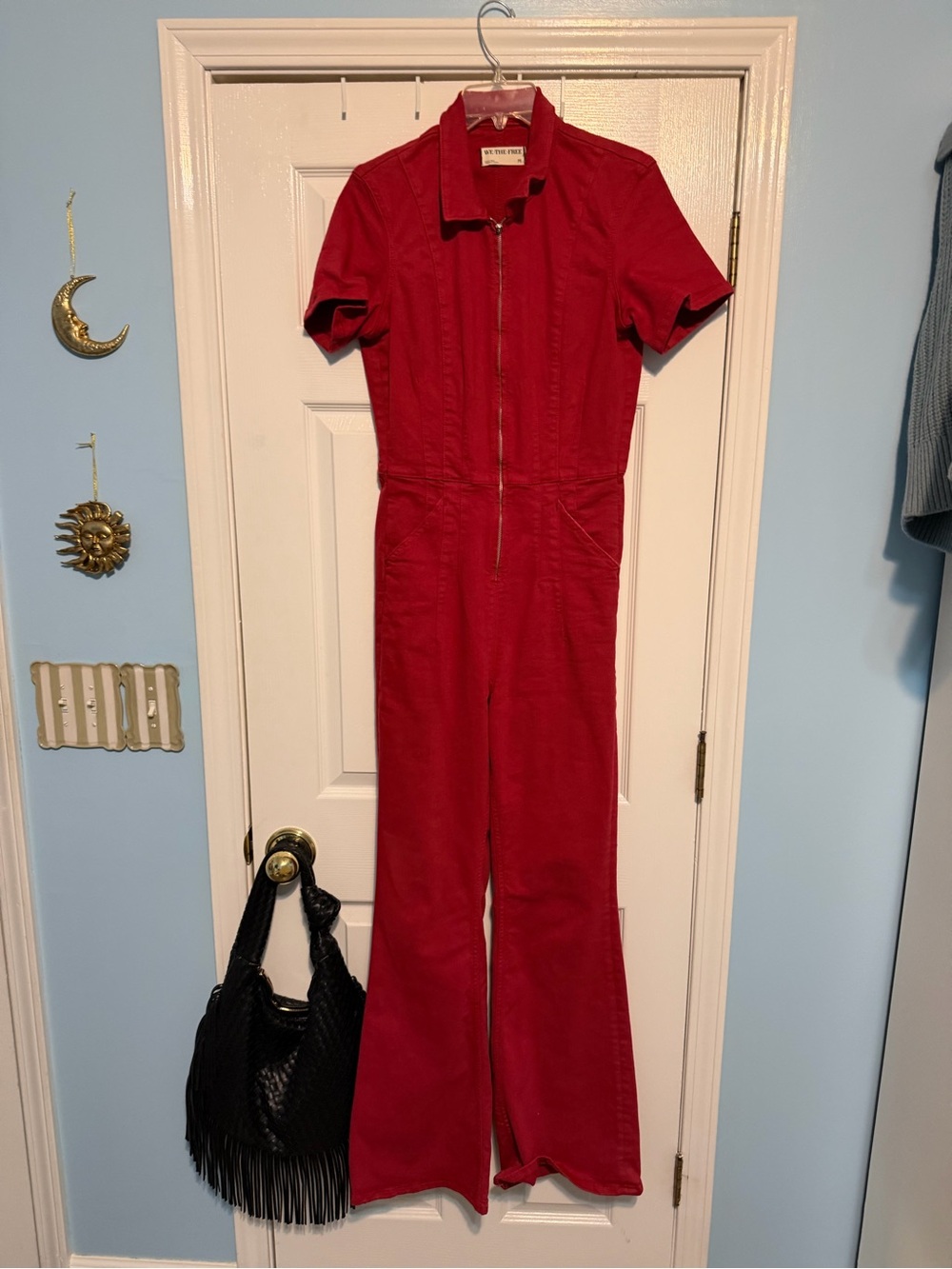 Free People Red Short-Sleeve Zip-Front Jumpsuit, size M